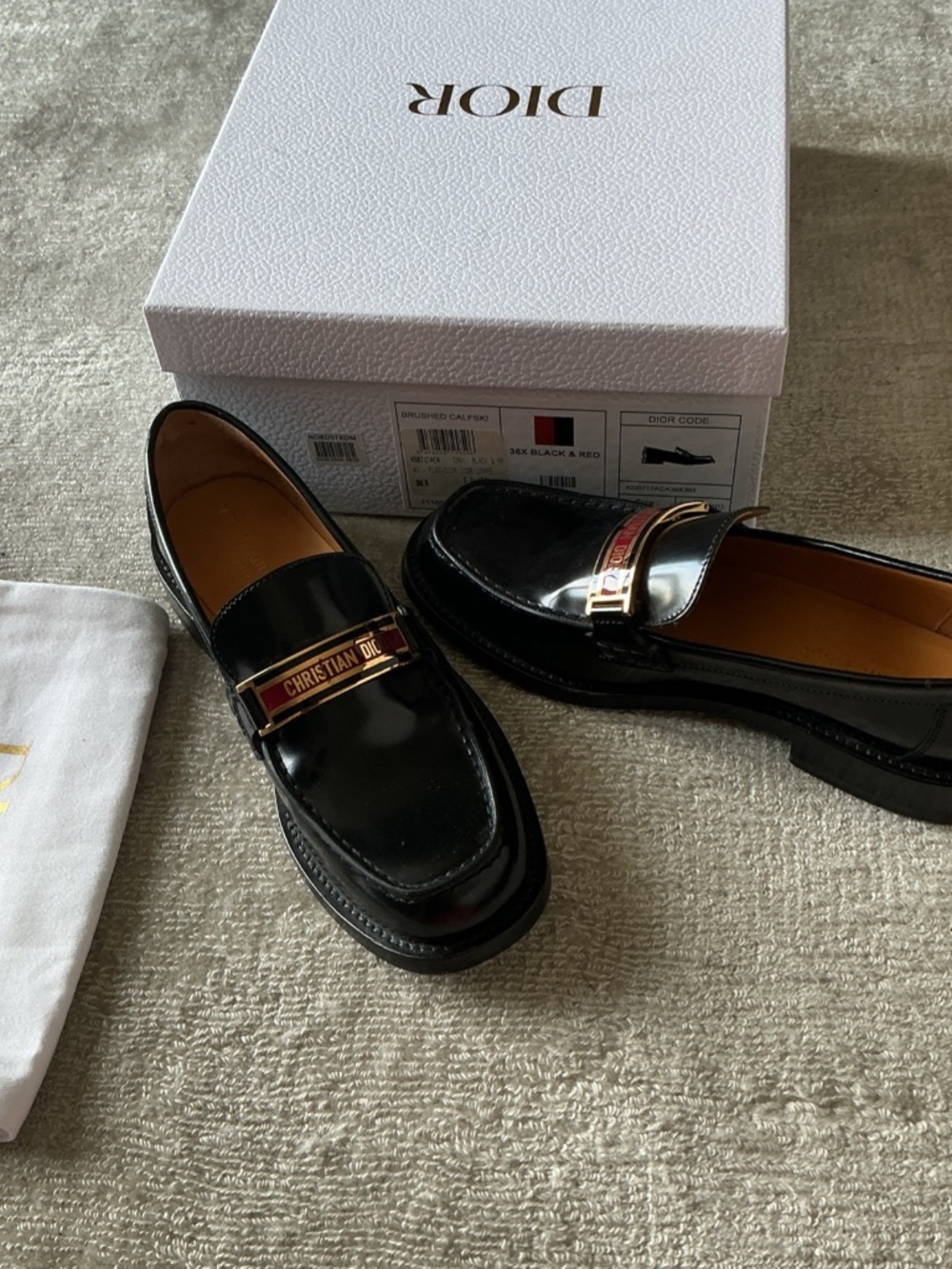 CHRISTIAN DIOR Black Calfskin Code Loafers Red Gold Logo Plaque 36.5